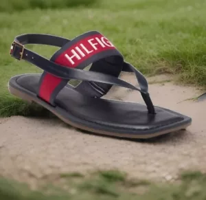 TOMMY HILFIGER Flats Womens Size 8.5 M Navy Leather Jujube Logo Thong Sandals - Picture 1 of 8