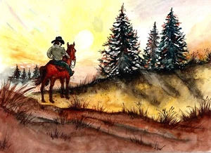 Cowboy Looking At The Sun Over The Hill, Cowboy And Old Tree, Cowboy And Horse - Picture 1 of 1