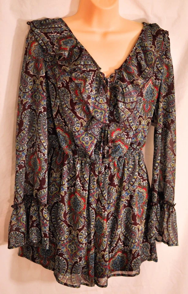 women's xhilaration long sleeve romper dress size X Small brown/blue ruffles new - Image 1 of 4