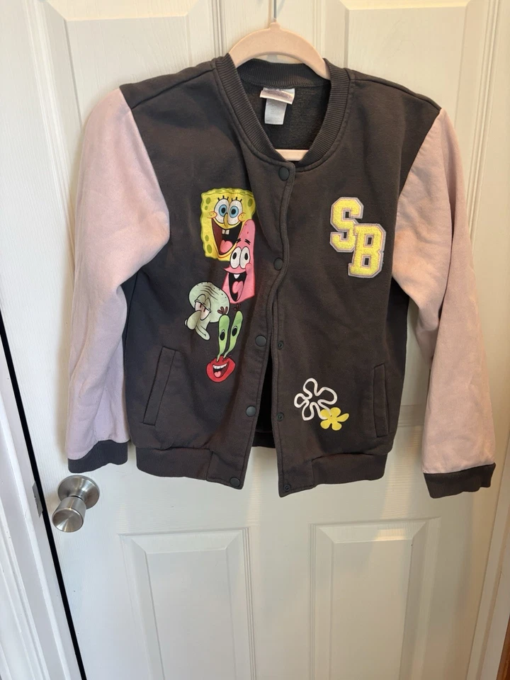 Vintage Varsity Nickelodeon SpongeBob Jacket Girls Black And Pink Size L 14/16 - Image 1 of 4