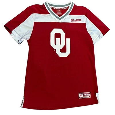 Camiseta manga curta OU University of Oklahoma vermelha e branca #1 média - Imagem 1 de 4