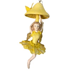 Mushroom Fairy Christmas Ornament Yellow Butterfly Mystical Angel Dancing - Picture 1 of 6