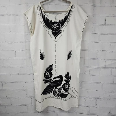 Handmade Cream Mexican Tunic Dress With Black Floral Bird Embroidery Womens M - Image 1 of 4