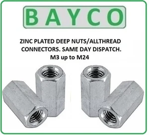BZP DEEP NUTS/ ALLTHREAD CONNECTORS M3 UP TO M24 - 3MM up to 24MM, IN STOCK. - Picture 1 of 8