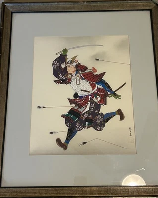 GUERRERO SAMURAI JAPONÉS de colección en batalla PINTURA sobre seda FIRMADO enmarcado Foto 1 de 4