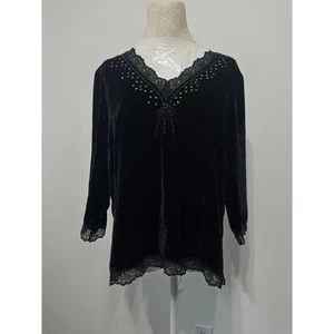Multiples black velvet blouse sz L lace coquette whimisigoth dark romantic Y2K  - Picture 1 of 3