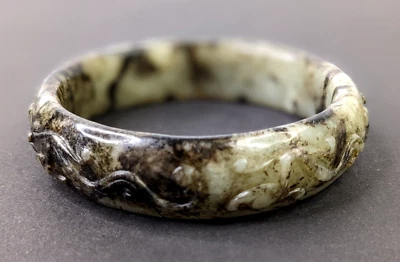 Chinese Carved Stone Jade Bangle with Dragons 72g Antique VTG Bracelet Video  - Image 1 of 4