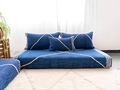 Moroccan Handmade Floor Couch - Unstuffed Cotton Blue Sofa covers + Pillow case - Image 1 of 4