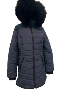 Below Zero By Rothschild Coat Women’s Large Navy Blue Faux Fur Trim - Picture 1 of 14