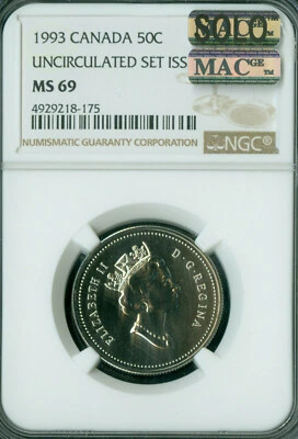 1993 CANADA 50 CENTS NGC MS69 PQ MAC FINEST GRADED MAC SPOTLESS  * - Image 1 of 2