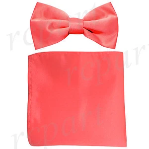 New formal men's pre tied Bow tie & Pocket Square Hankie solid coral wedding - Picture 1 of 4