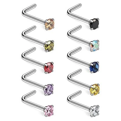 10 PIEZAS Mezcla de Acero Quirúrgico Circonita cúbica Forma de L Nariz Tachuelas Anillos Piercing Corporal Joyería 18G Foto 1 de 4