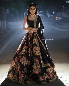 Amazing Silk Lehnga Indian Women Choli Lehenga Lengha Black Floral Skirt Top