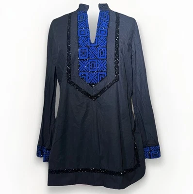 Tory Burch Shirt Womens Medium Tunic Embroidered Beaded Blouse Cobalt Blue Black - Image 1 of 4