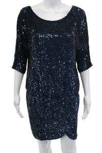 Haute Hippie Womens Silk Blue Black Sequins 3/4 Sleeve Cocktail Dress Size XS - Picture 1 of 6