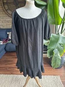 120% LINO Kleid schwarz reines Leinen 3/4 Ärmel Rüschensaum Relaxed Fit IT48 UK16 - Bild 1 von 3
