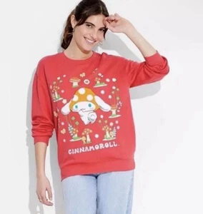 Sanrio Cinnamoroll Sweatshirt Women's L Red Mushroom Crewneck Embroidered EUC - Picture 1 of 7