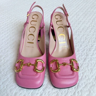 GUCCI Horsebit Leather Slingback Pumps Pink Women’s Shoes US 5 EU 35 Authentic - Image 1 of 4