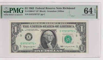 Fr 1900-E* STAR 1963 $1 FRN E07579772* bp 480 PMG 64EPQ RICHMOND NON MULE - Image 1 of 2
