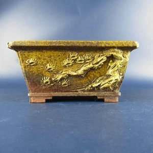 Shoun Bonsai Pot Long Rectangle Pine Tree Design Gold Accents Collectible JAPAN  - Picture 1 of 10