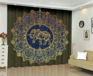 Rinoceronte en punta azul impresión dorada oscura cortinas bloqueadas 3D ventana de tela - Imagen 1 de 4