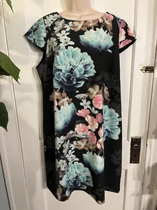 Eliza J, 16W Multicolor Black Floral Dress, Cap Sleeve, Shift Knee High, Stretch - Picture 1 of 11