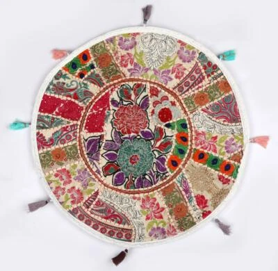 22" Pillow/Seat Cover Throw/Bean Bag Large With Bohemian Patchwork White - Image 1 of 2