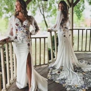 Abiti da sposa bohémien a maniche lunghe con fiori 3D abiti da sposa a sirena - Foto 1 di 11