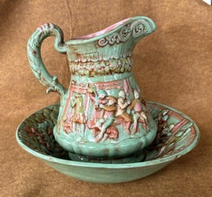 Vintage Tam O’Shanter Green Mauve Brown Ceramic Wash Pitcher and Bowl - Picture 1 of 24