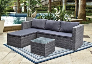3pc Lounge Set Outdoor Furniture Rattan Wicker Chair Sofa Glass Coffee Table - Picture 1 of 3