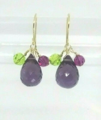 14k Yellow Gold Amethyst Briolette and Swarovski Crystal Cluster Dangle Earrings - Image 1 of 4