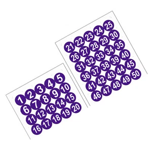 Round Number Stickers 50mm 50x PVC Number 1-50 Self Adhesive White/Dark Purple - Picture 1 of 5