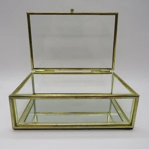 Hinged Glass & Brass Display Jewelry Vanity Box Mirror Bottom 5-1/2"x 3-1/2"x 2" - Picture 1 of 9