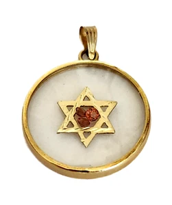 14K Gold Star Of David Pendant Gold Circle Round Ring W/ Clear Glass 20mm D #16 - Picture 1 of 1