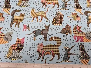 3.3 Metres Printed 100% Cotton Premium Craft Fabric Patchwork Cats On Blue - Picture 1 of 2