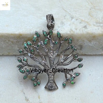 Colgante de piedras preciosas tsavorita árbol de la vida pavé joyas de diamantes encanto de plata 925  Foto 1 de 3