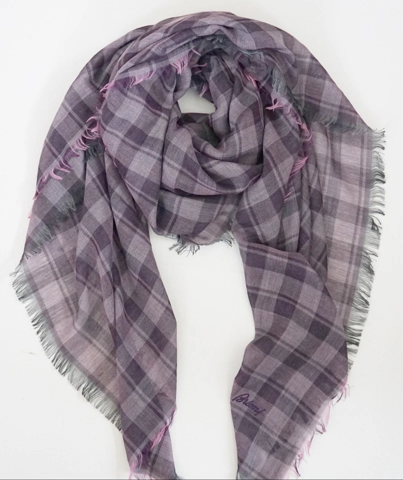 全新无标签 正品 BRIONI 紫色格子 100% 棉超大围巾披肩披肩 — 第 1/4 张图片