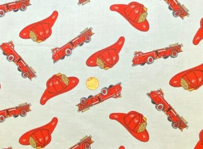 Fireman Trucks and Hats on White Cotton Fabric, Remnant:  1 Yard 32" x 30" wide - Image 1 of 2