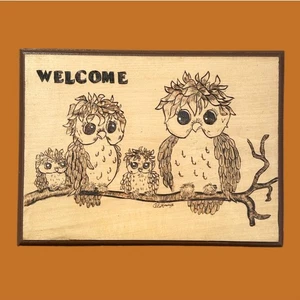 Handgefertigte 1970er Eule Willkommen Wanddekoration - Holz gebranntes Holz 9" x 12"  - Bild 1 von 6