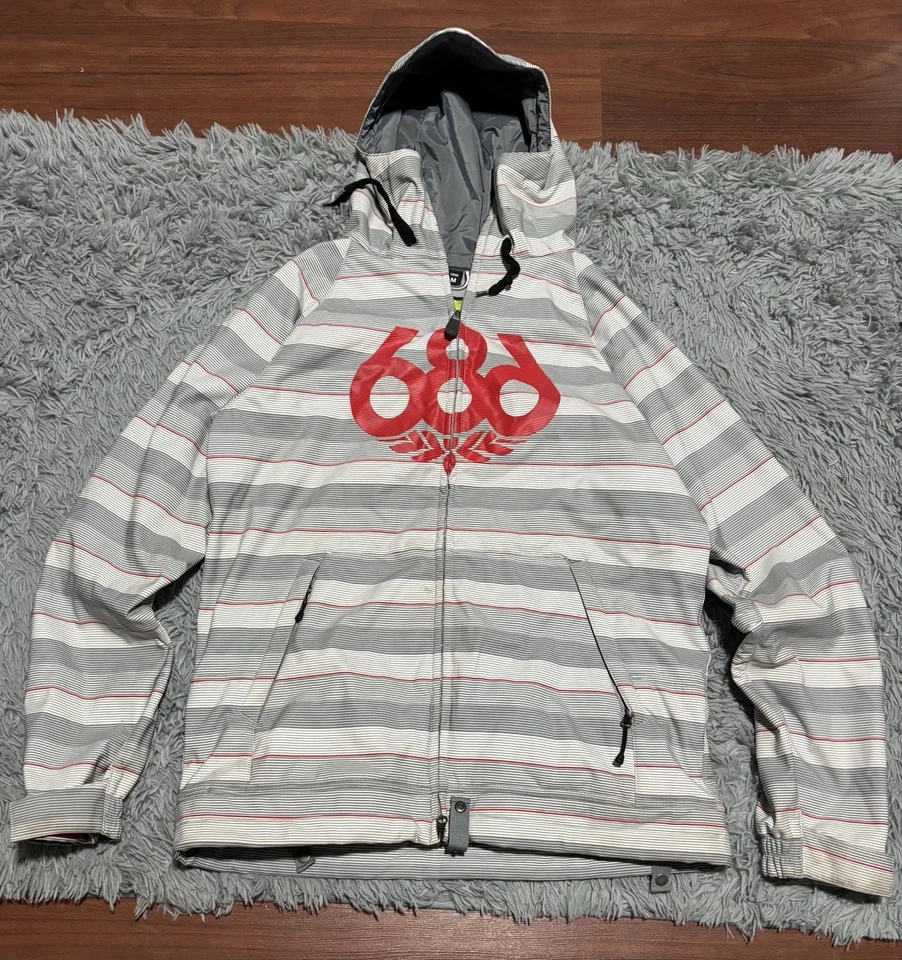 686 Plexus Snowboard Ski Jacket Mens M Gray Striped Hooded Softshell  - Image 1 of 4