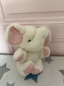 Peluche doudou éléphant blanc vintage oreilles et pattes rayées roses - Picture 1 of 9