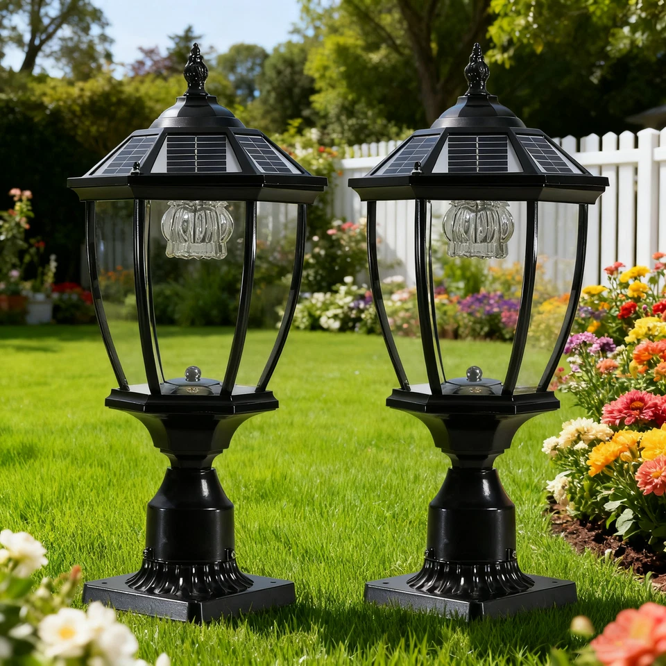 2 Pack 20" Solar Post Light Outdoor Dusk To Dawn Black Pillar Lamp with Remote - Image 1 of 4