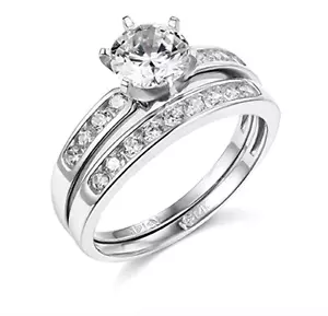 2.10 Ct Round Cut Real 14K White Gold Engagement Wedding Ring Set Matching Band - Picture 1 of 7