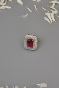 6.85 TCW Emerald Red Ruby & Simulated Sapphire Square Halo Face Ring For Women's - Picture 1 of 7