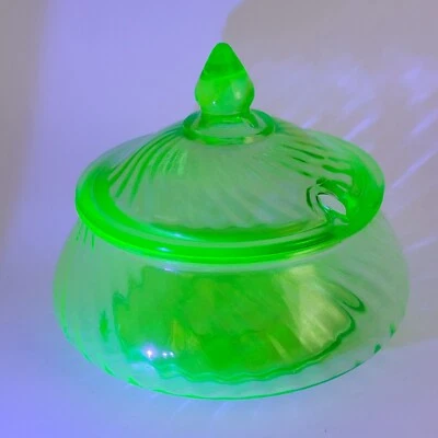 Vintage Green Glass Lidded Preserves Dish W/ Swirl Design UV Reactive GLOWS READ - Image 1 of 4