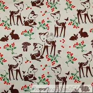 BonEful FABRIC FQ Cotton Quilt White Brown Red Deer Baby Bunny Green Leaf Scenic - Picture 1 of 14