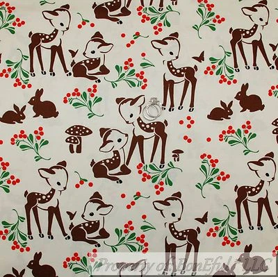 BonEful FABRIC FQ Cotton Quilt White Brown Red Deer Baby Bunny Green Leaf Scenic - Image 1 of 4
