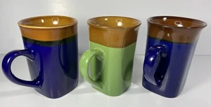 Royal Norfolk Green Blue Caramel Toned 5” Tall Square Latte Coffee Mugs Set of 3 - Bild 1 von 7