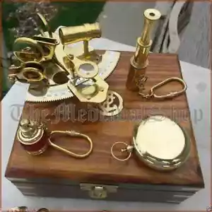 VINTAGE MARITIMER KOMPASS/TELESKOP/SEXTANT MIT HOLZBOX NAUTISCH MESSING GESCH... - Bild 1 von 5