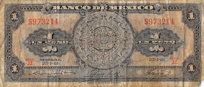 Mexico  1  Peso  25.1.1961  Series JZ  Prefix S  Circulated Banknote KAZ - Image 1 of 2